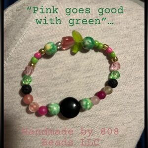 Handmade 808 Beads LLC Pink & Green Beaded Bracelet